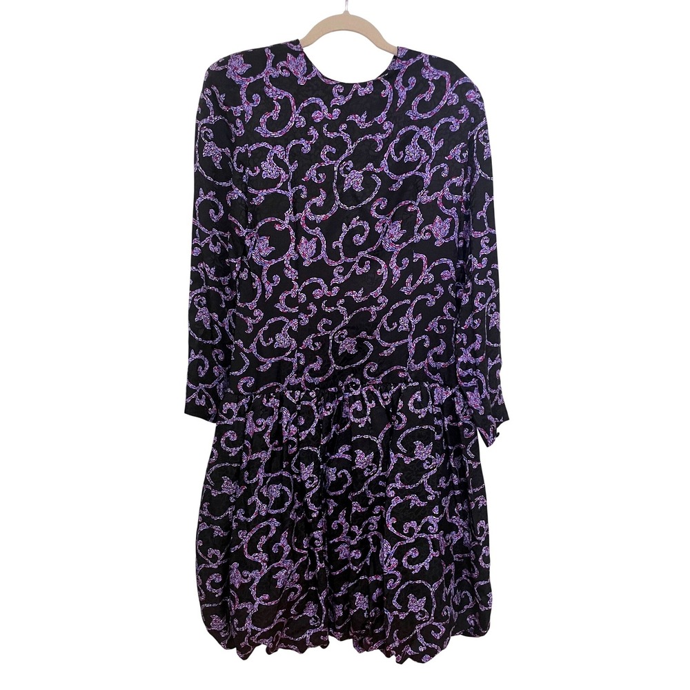 Vintage Dress 80s Drop Waist Bubble Hem Black Purple Scroll Long Sleeve M